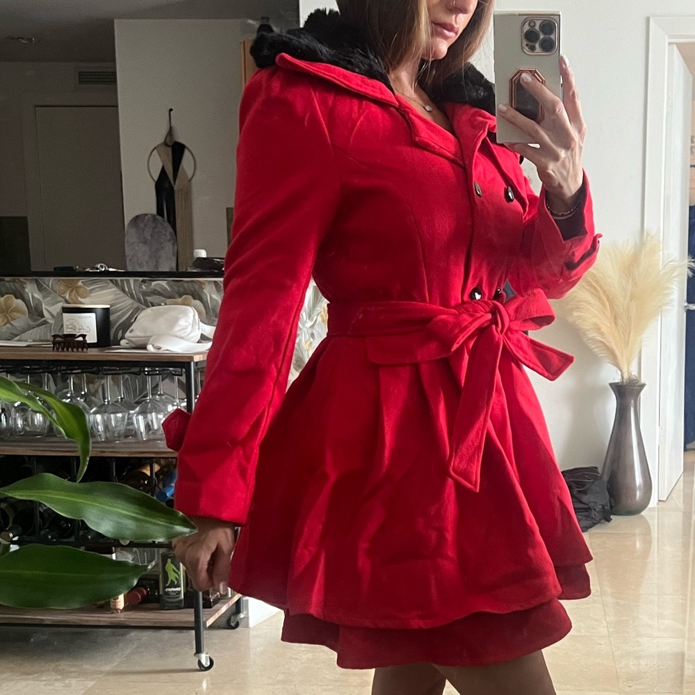Red pleated pea coat